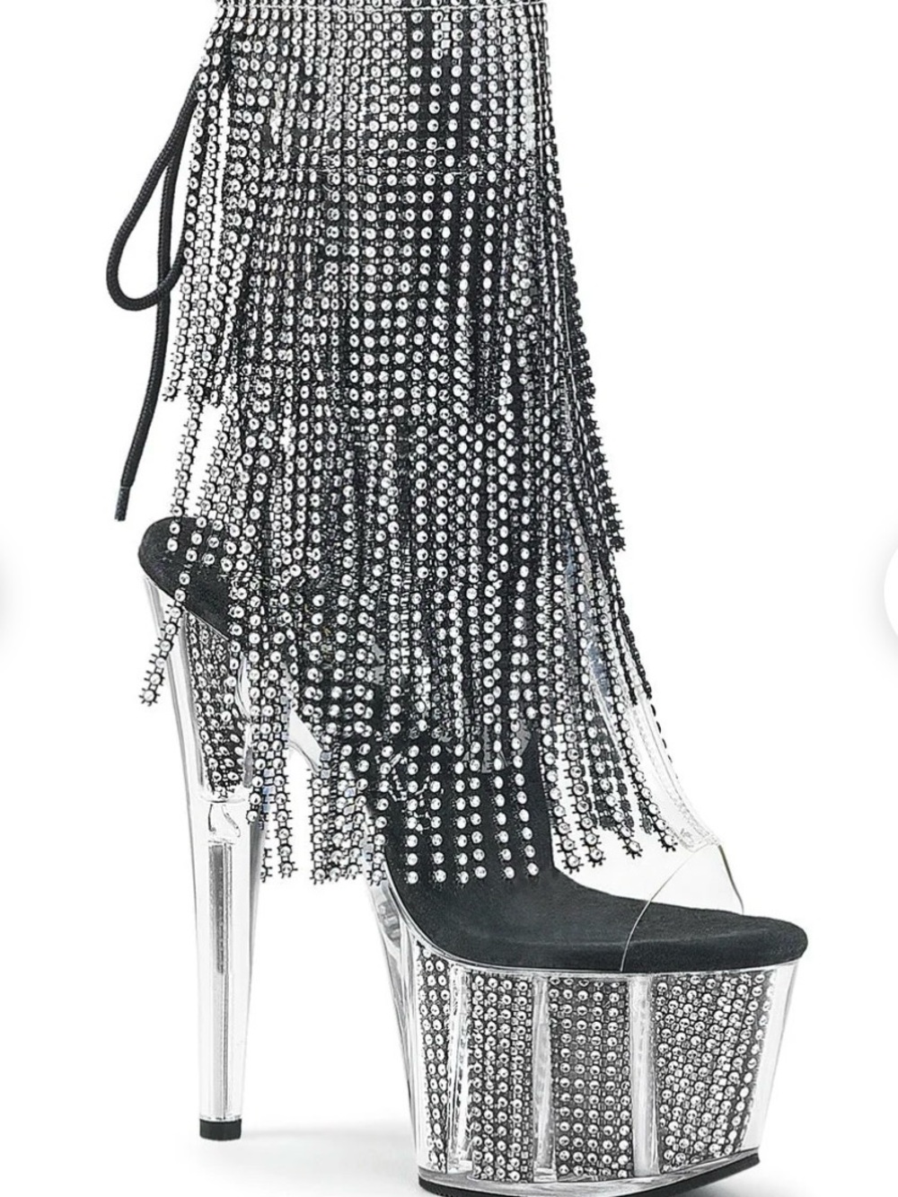 ADORE-1017SRS Black Rhinestone Fringe Platform Heels with Clear Platform